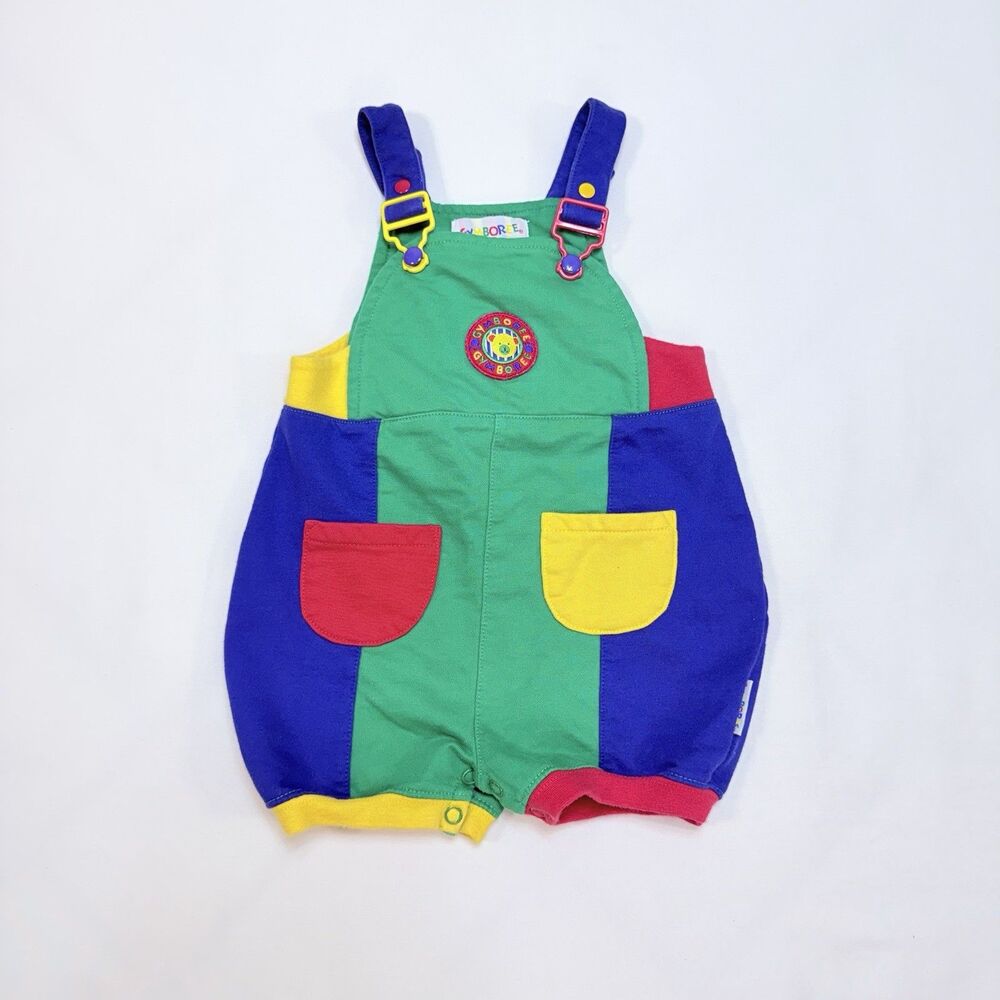Vintage Gymboree Multicolor Colorblock Bear Shortall Overall Baby XS 9-18mos